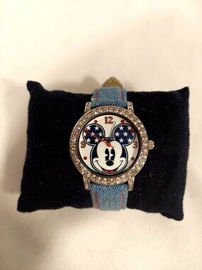 NOS Disney Red, White, & Blue Rhinestone Mickey Watch Denim & Leather Japan